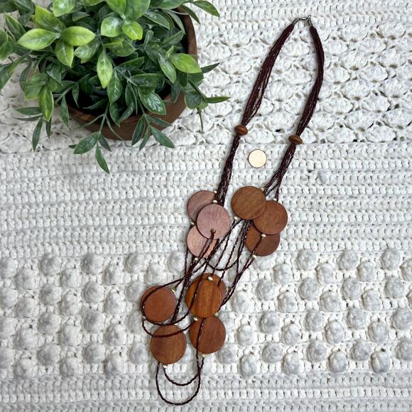 VINTAGE Women's Boho Seed Bead Wood Discs Multi Strand Necklace Natural Earthy - Picture 9 of 9